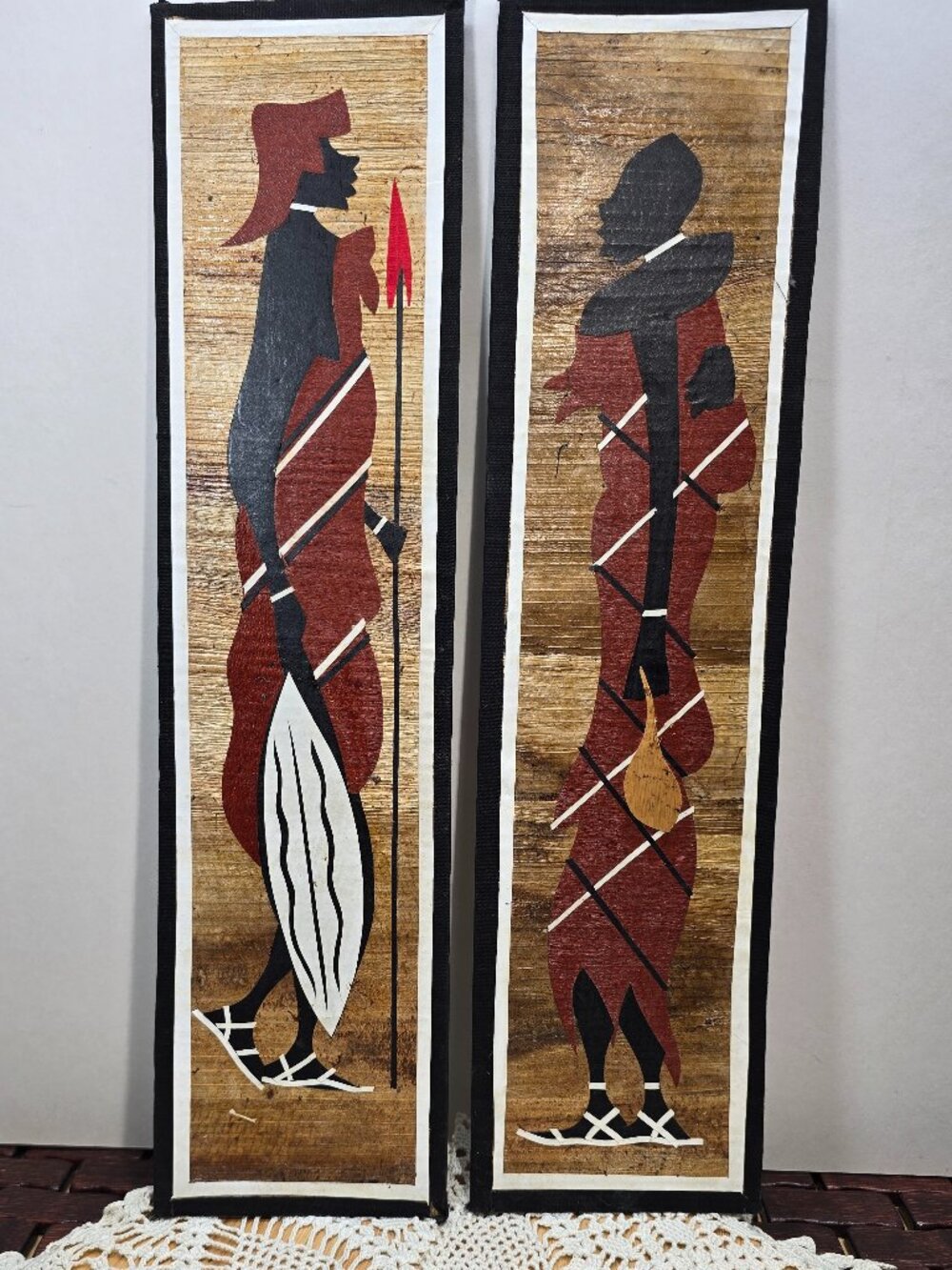 Set of 2 Vintage African Banana Leaf Artwork Maasai Figures 16" X 4" each